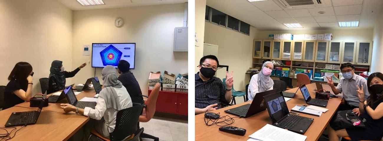 Two side-by-side photos of masked people in meeting rooms with laptops, one pointing at a screen showing a pentagon diagram.